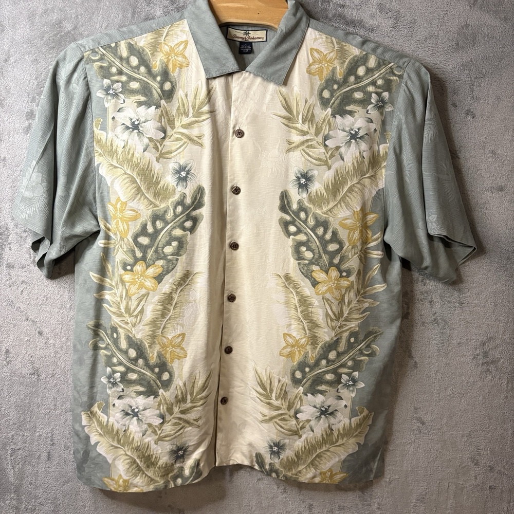 Tommy Bahama Mens Large Hawaiian Shirt Button Up Green Silk Floral‎ Relax Palms